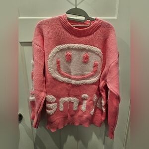 Hoodies for Heroes Pink Smiley Face Sweater Medium Women’s Pullover Knit NWT